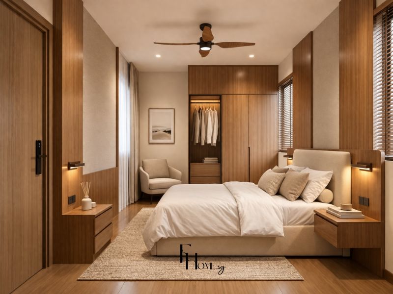 Phòng ngủ chung cư 60m2 phong cách Japandi với tủ quần áo gỗ walnut kịch trần, vách đầu giường gỗ tích hợp táp và đèn gắn tường