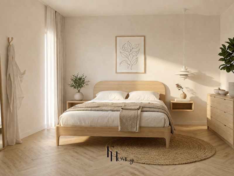 Phòng ngủ chung cư 60m2 phong cách Scandinavian với giường gỗ sồi chân cao, thảm đay tròn, gương đứng khung gỗ và cây xanh lá to