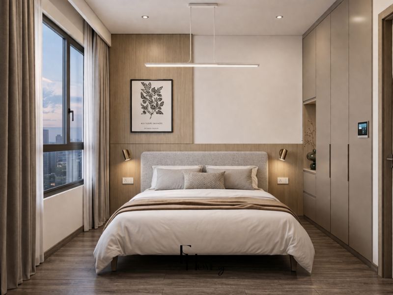Phòng ngủ chung cư 60m2 phong cách tối giản với vách đầu giường ốp gỗ vân dọc, tủ kịch trần cánh phẳng taupe và đèn linear trắng