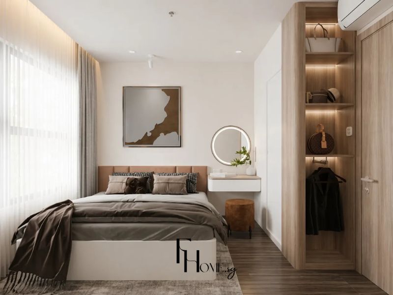 Phòng ngủ chung cư 68m2 phong cách Tối Giản tường trắng kem đầu giường bọc da nâu caramel, bàn phấn trắng treo tường gương tròn đèn LED và tủ mở gỗ sồi đèn LED dải