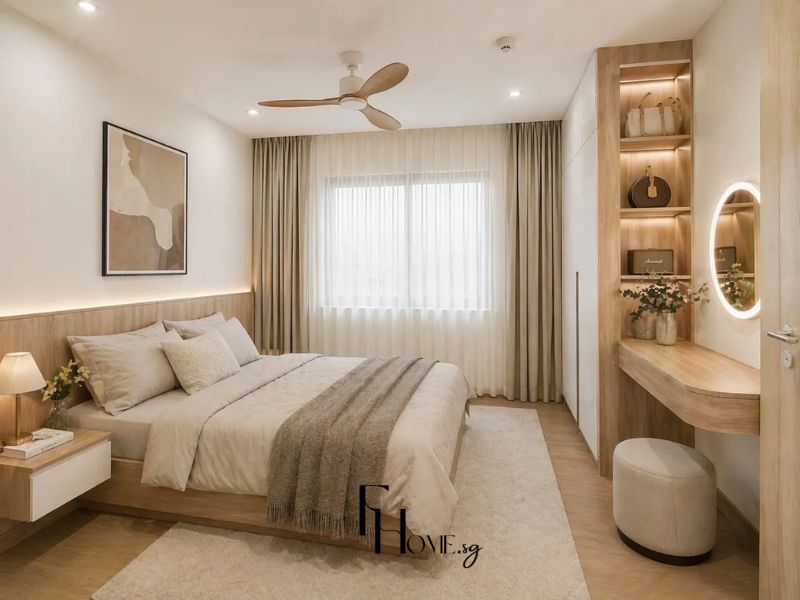Phòng ngủ chung cư 68m2 phong cách Vintage đầu giường ốp gỗ sồi nhạt đèn LED viền, bàn trang điểm gỗ sồi gương tròn đèn LED và tủ mở kệ đèn LED trưng bày (sưu tầm)