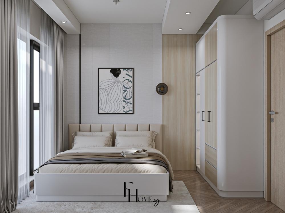Phòng ngủ chung cư 90m2 với giường lớn màu trắng sang trọng