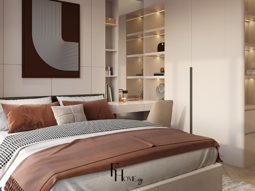 Phòng ngủ chung cư 90m2 với giường rộng, tủ quần áo âm tường