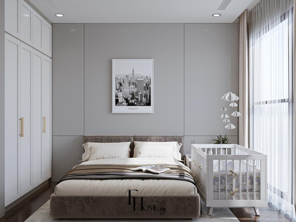 Phòng ngủ chung cư 90m2 với giường thoải mái, tủ quần áo tông màu trắng tinh tế