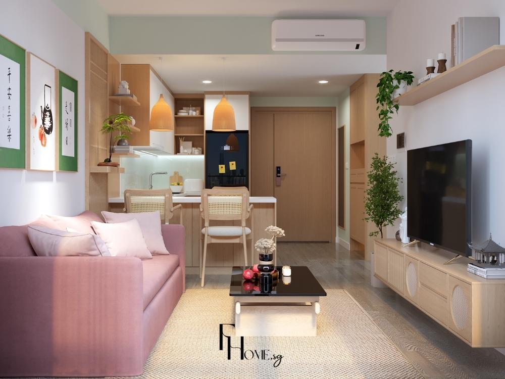 Phòng ngủ chung cư cho cặp vợ chồng trẻ sử dụng tông màu pastel nhẹ nhàng kết hợp nội thất gỗ công nghiệp