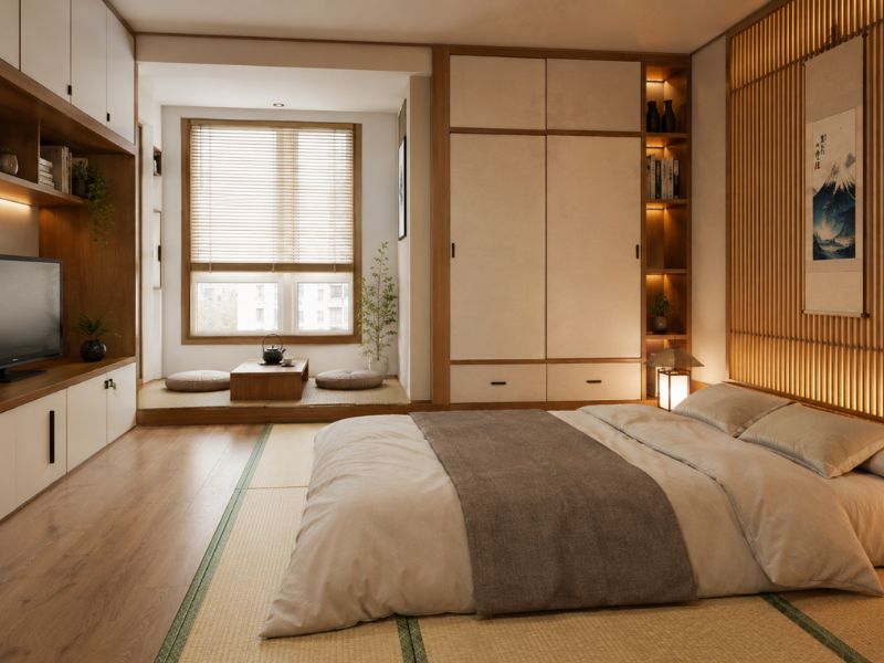 Mẫu phòng ngủ sử dụng chiếu Tatami, giường thấp và góc trà nhỏ, tạo không gian nghỉ ngơi yên tĩnh
