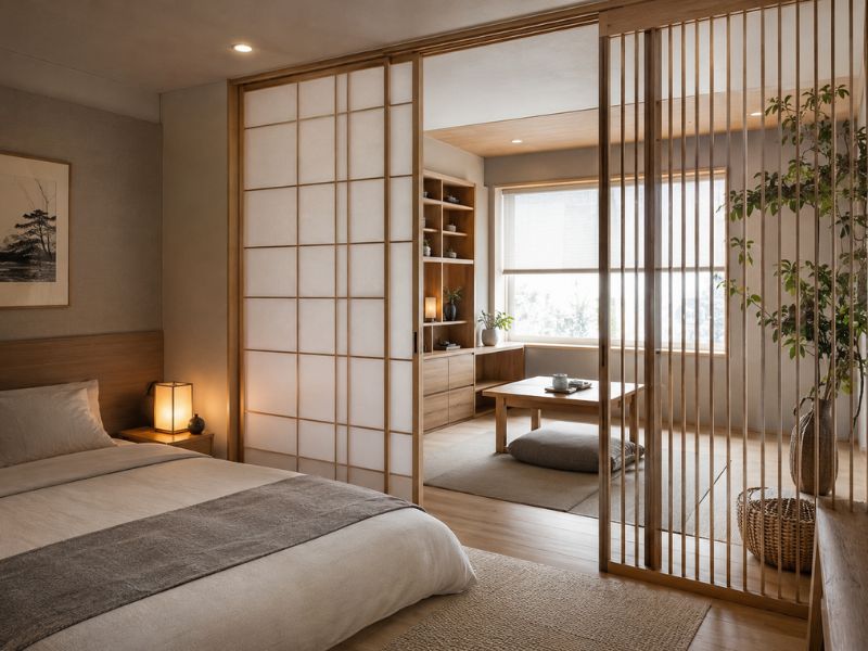 Phòng ngủ chung cư phong cách Nhật Bản với cửa trượt Shoji