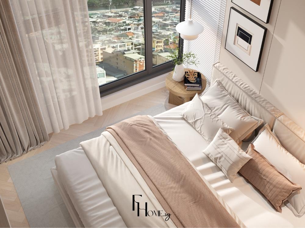 Phòng ngủ đón ánh sáng dịu qua rèm voan trắng, tạo bóng đổ mềm mại và cảm giác thư giãn, ấm áp