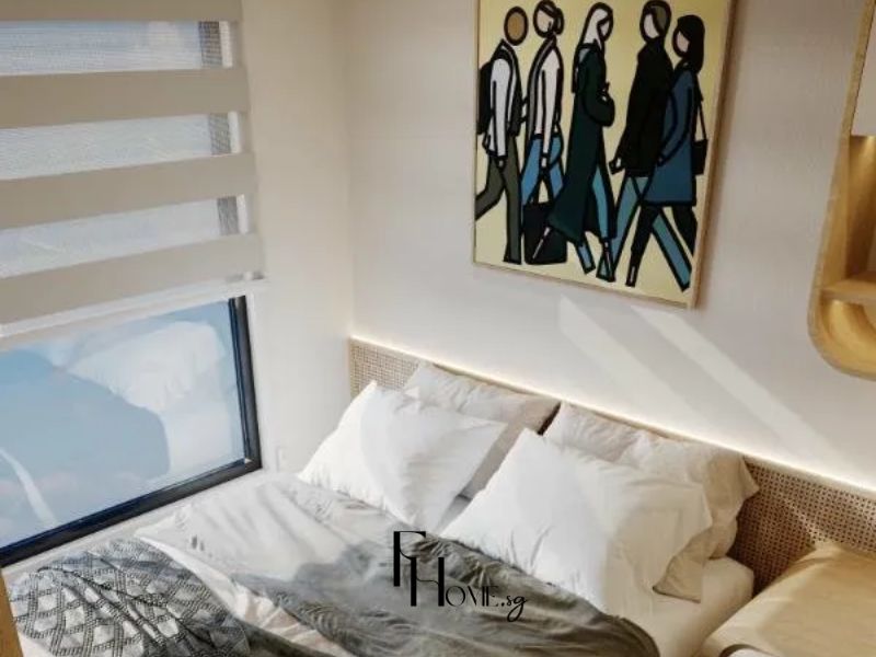 Phòng ngủ dự án thiết kế nội thất nhà chung cư 65m2 Wabi Sabi mix Japandi tại Vinhomes Grand Park giường có ngăn chứa và đầu giường nan mây