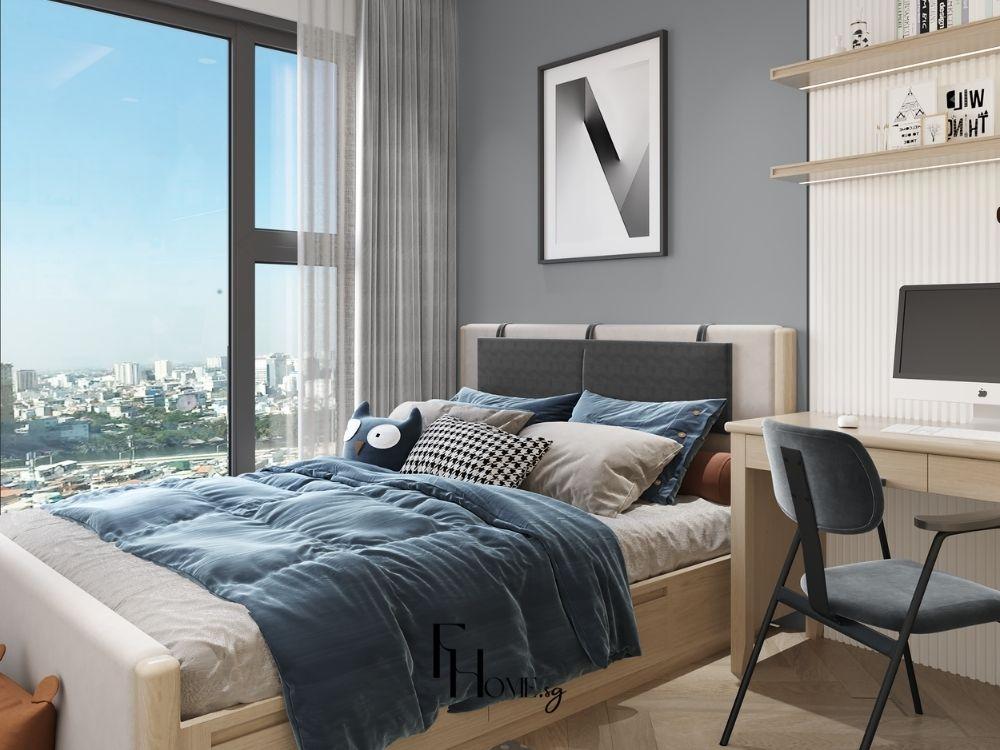 Phòng ngủ được thiết kế đồng bộ về màu sắc và chất liệu, tạo nên không gian tinh tế và thống nhất