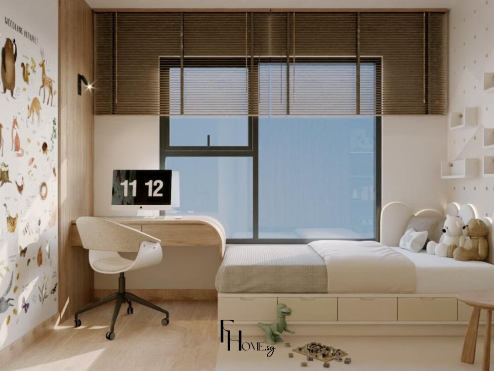 Phòng ngủ Japandi yên bình với gỗ tự nhiên và gam màu trung tính, tạo không gian thư giãn.