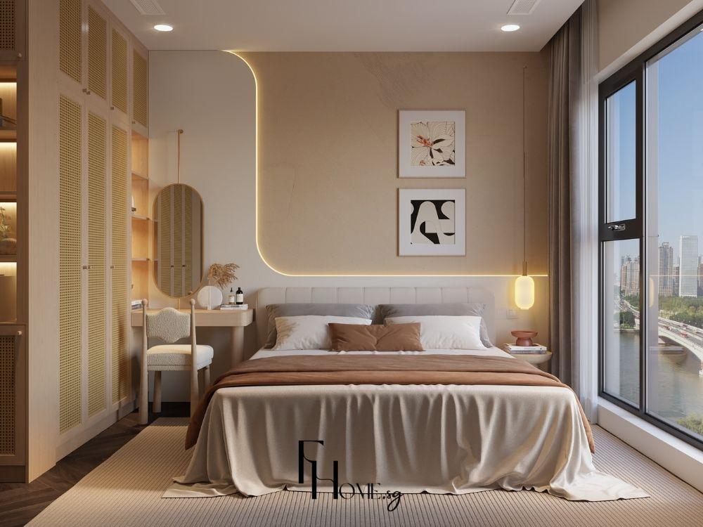 Phòng ngủ hiện đại sang trọng với đường nét tối giản, nội thất tinh gọn và bảng màu trung tính