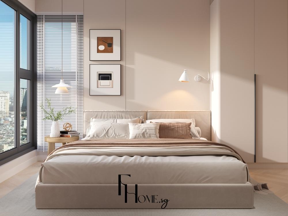 Phòng ngủ hiện đại tối giản sử dụng gỗ sáng màu và kính, ánh sáng tự nhiên tràn ngập