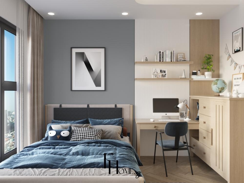 Phòng ngủ phong cách hiện đại với giường gỗ tự nhiên, bàn làm việc và ánh sáng nhẹ nhàng