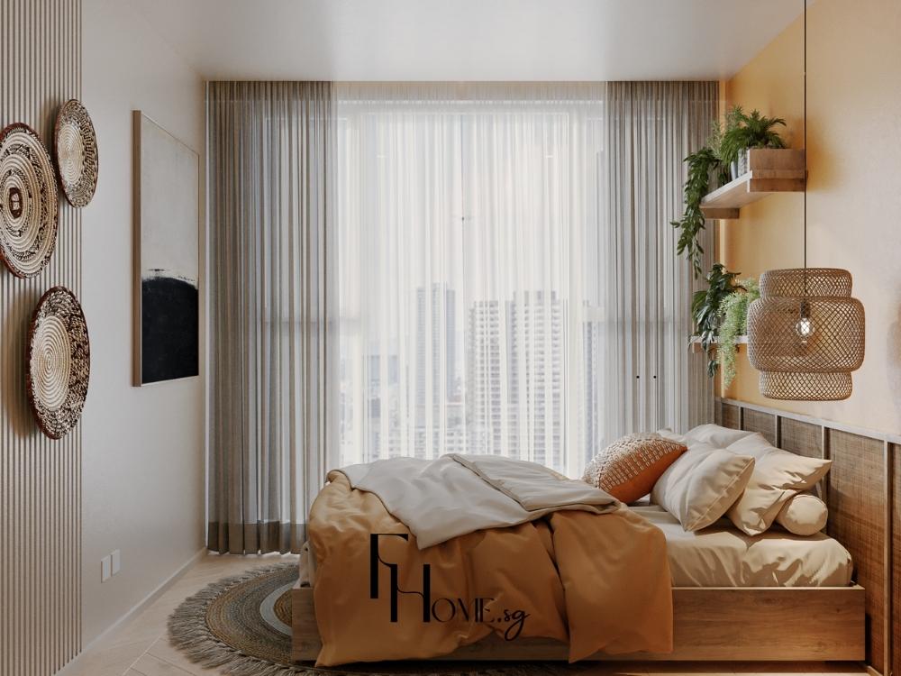 Phòng ngủ hiện đại với tông kem sáng và cửa sổ lớn, tối ưu ánh sáng tự nhiên tạo không gian nghỉ ngơi dễ chịu.