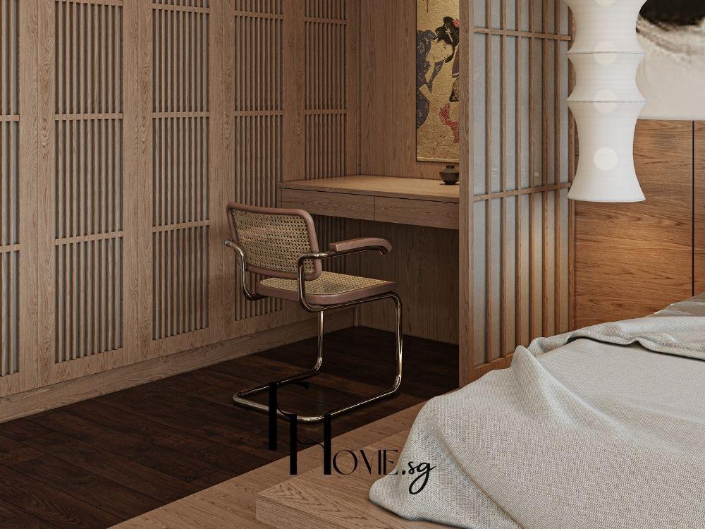 Phòng ngủ kết hợp góc làm việc thông minh với bàn gọn gàng và hệ tủ đa năng tiết kiệm diện tích