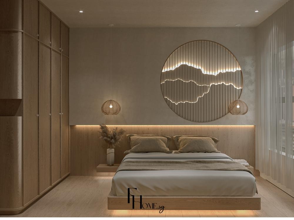 Phòng ngủ kiểu Nhật bố trí tối giản, sử dụng vật liệu gỗ và cây xanh tạo cảm giác gần gũi thiên nhiên