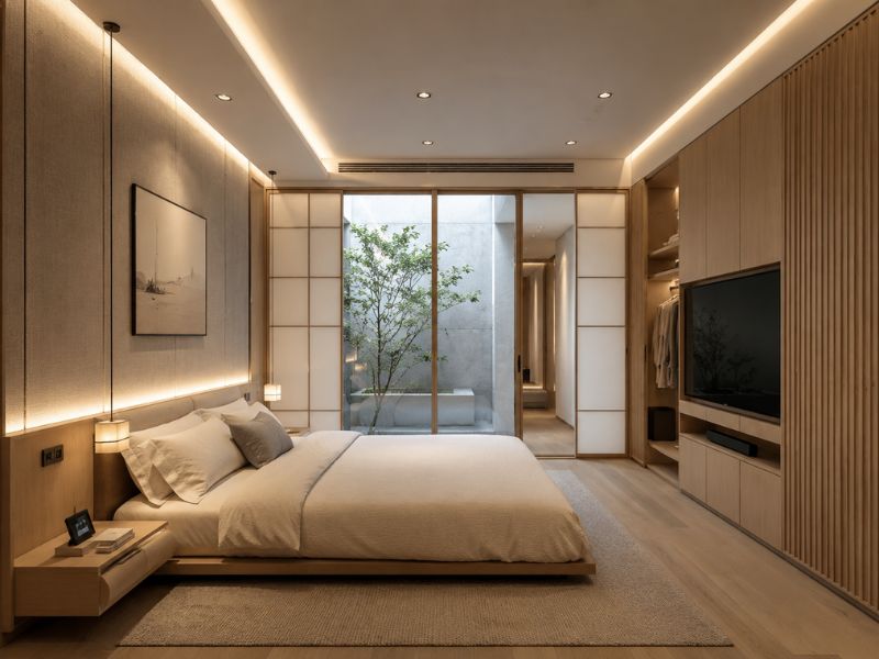 Phòng ngủ kiểu Nhật hiện đại với vách lùa Shoji, giường bệt và ánh sáng ấm