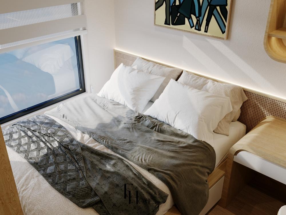 Phòng ngủ kiểu Nhật sang trọng với giường sồi tự nhiên, tạo không gian thanh lịch và tinh tế