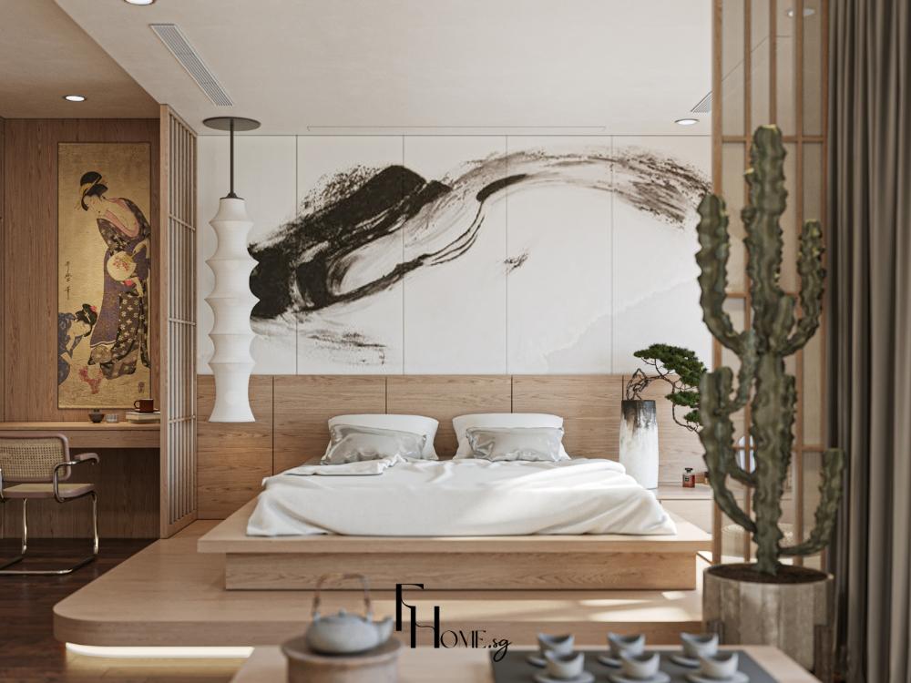 Phòng ngủ kiểu Nhật với nội thất thấp, bảng màu nâu gỗ và trắng ngà, trang trí tối giản bằng bonsai, đèn giấy và tranh thủy mặc