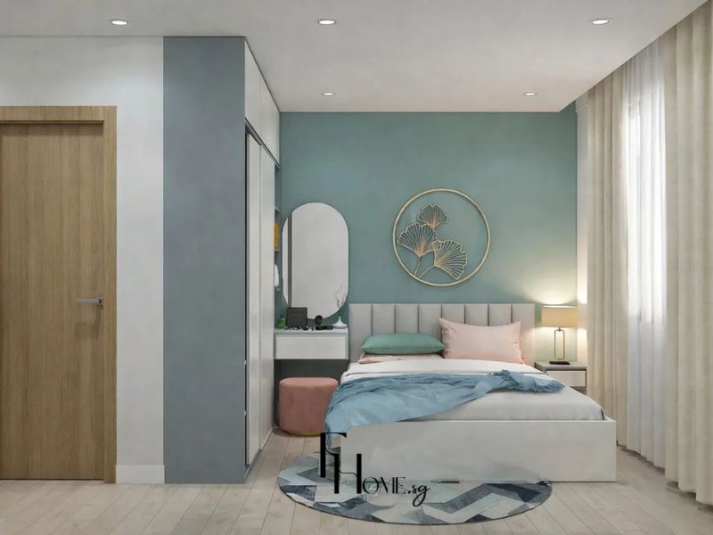 Phòng ngủ lớn chung cư 45m2 2 phòng ngủ, tường xanh ngọc đậm, đầu giường kem chần sọc và tủ cửa trượt