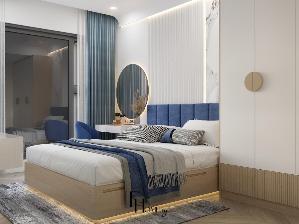 Phòng ngủ mang cùng tông màu và ngôn ngữ thiết kế với tổng thể căn hộ, thể hiện sự nhất quán và tinh tế trong phong cách nội thất