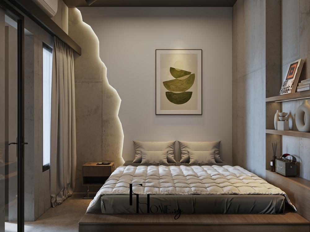 Phòng ngủ mang hơi thở Organic với đầu giường uốn lượn nhẹ, kết hợp ánh sáng ấm