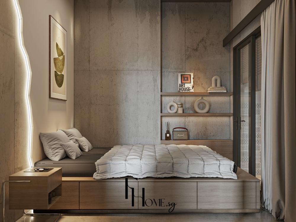 Phòng ngủ mang phong cách kết cấu tự nhiên với đầu giường gỗ nguyên tấm, chăn ga linen và tường sơn hiệu ứng cement