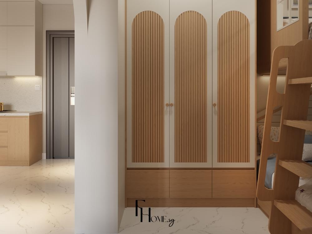 Phòng ngủ mang sắc màu tự nhiên ấm áp kết hợp tủ gỗ tiện lợi 