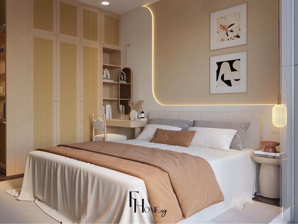 Phòng ngủ mang sắc màu tự nhiên nhẹ nhàng với ga giường màu be, tường xanh olive và đồ gỗ mộc