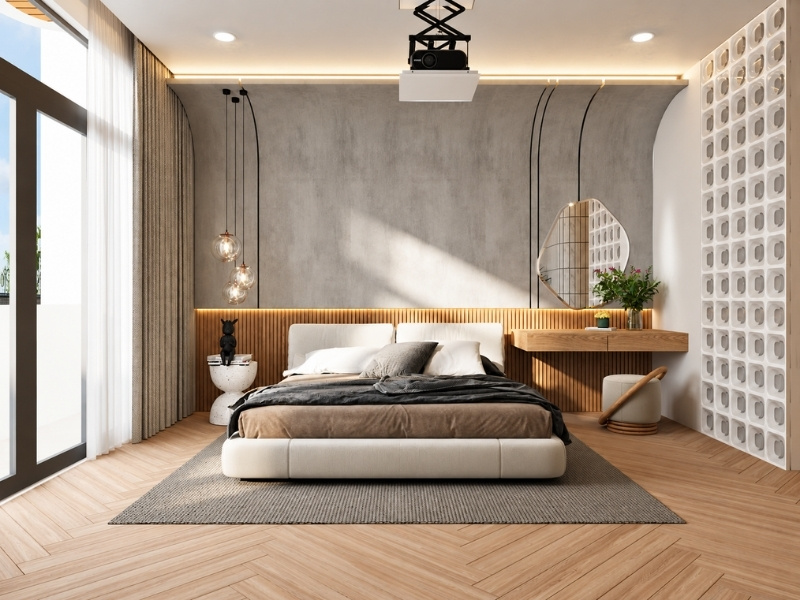 Phòng ngủ master Wabi Sabi với trần vòm bo cong và vách đầu giường bê tông mộc