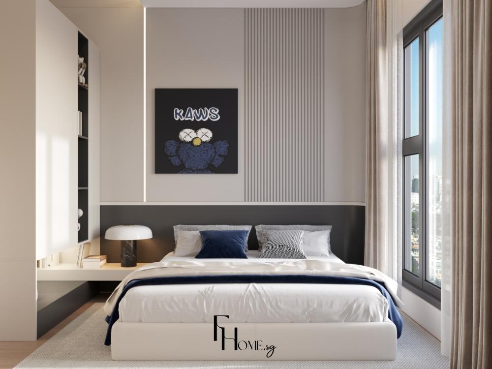 Phòng ngủ master căn hộ 75m² có diện tích 14–15m², sử dụng tông màu be – nâu gỗ, giường queen size, tủ quần áo âm tường