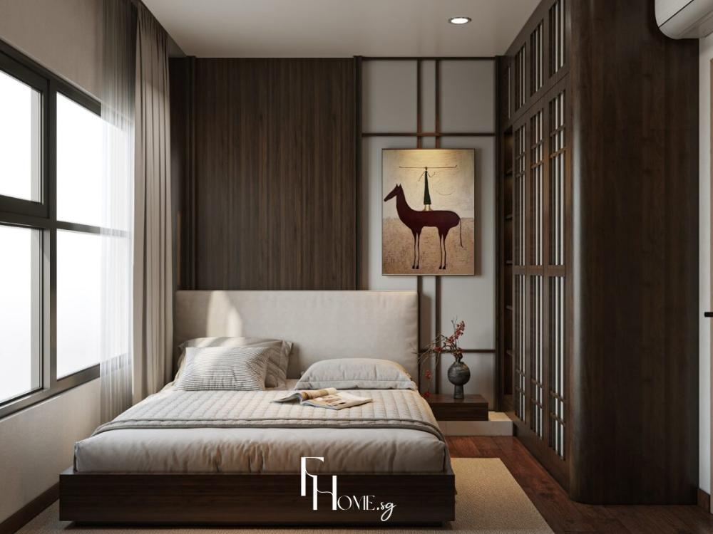 Phòng ngủ master chung cư 65m² được thiết kế với gam màu be, xám pastel và trắng kem tạo không gian thư thái