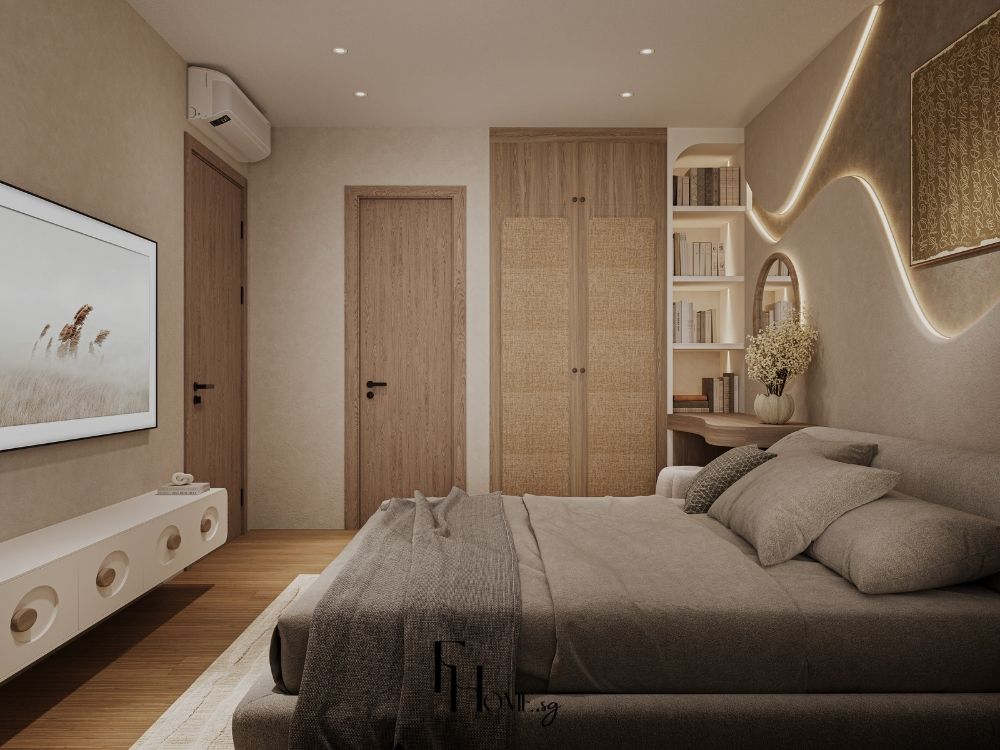 Phòng ngủ master chung cư 80m2 với giường bọc nỉ, tủ quần áo âm tường và cửa sổ lớn