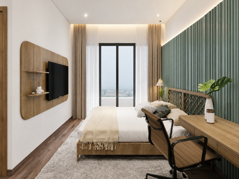 Mẫu phòng ngủ nhà phố 2 tầng 100m2 với vách lam sóng xanh và nội thất gỗ