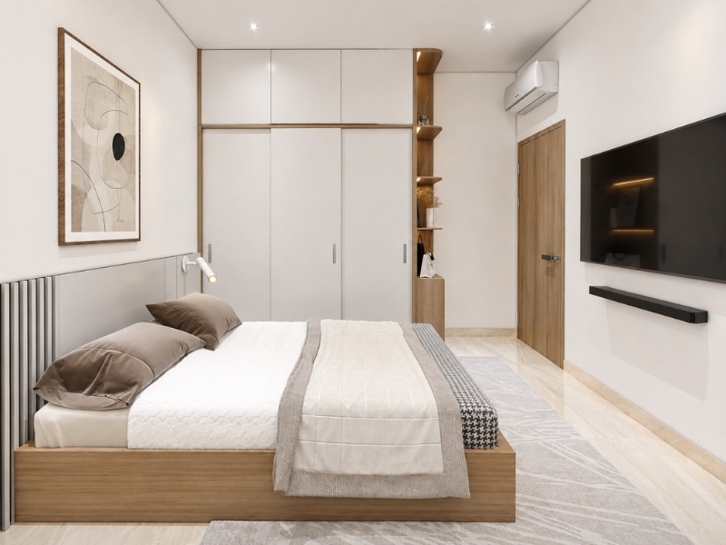 Phòng ngủ master nhà phố 2 tầng 5x10m tủ áo cánh lùa kịch trần