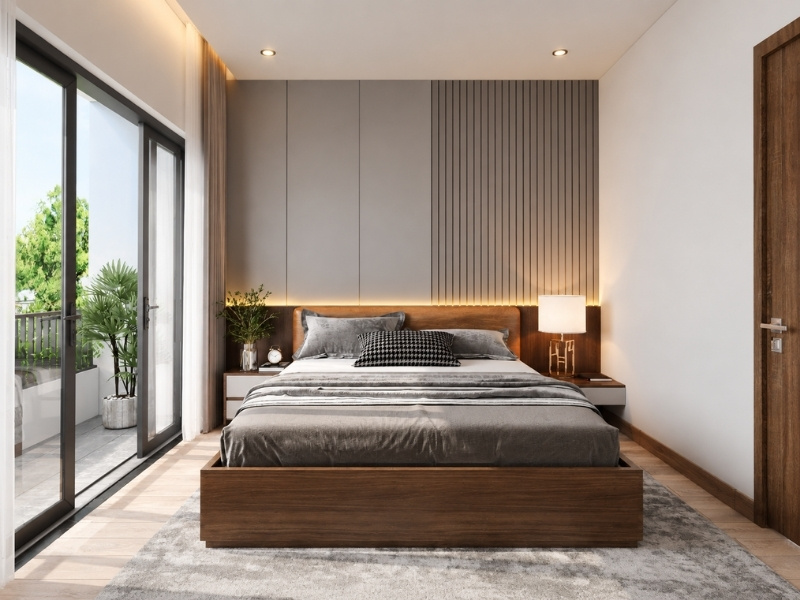 Phòng ngủ master nhà phố 2 tầng 5x15m vách lam sóng mở ban công