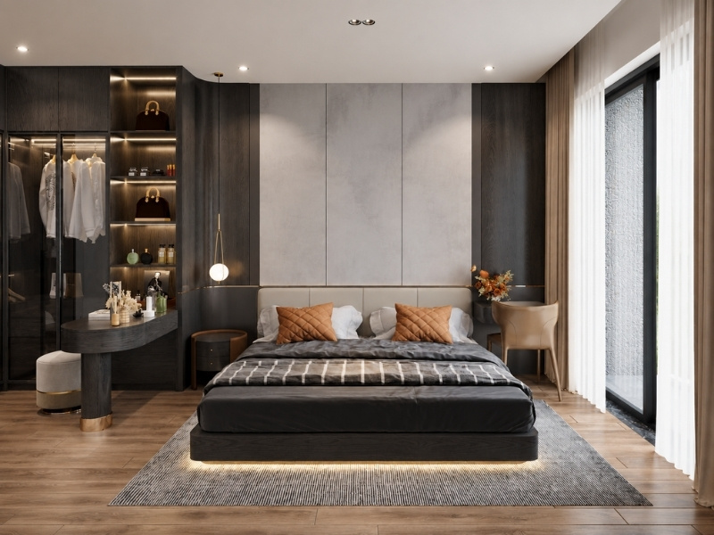 Phòng ngủ master nhà phố 2 tầng 60m2 giường nỉ hắt sáng