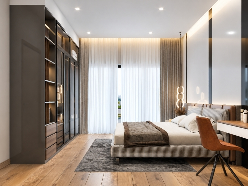 Phòng ngủ master nhà phố 2 tầng 70m2 cửa kính ban công