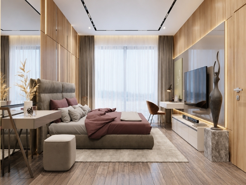 Phòng ngủ master nhà phố 2 tầng 90m2 vách ốp gỗ sồi