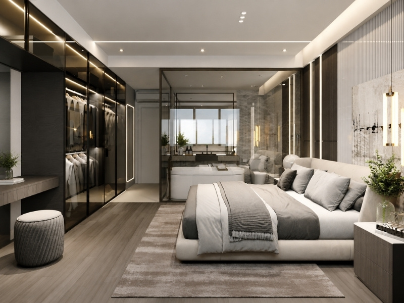 Phòng ngủ master nhà phố 2 tầng phong cách Luxury bồn tắm kính đứng