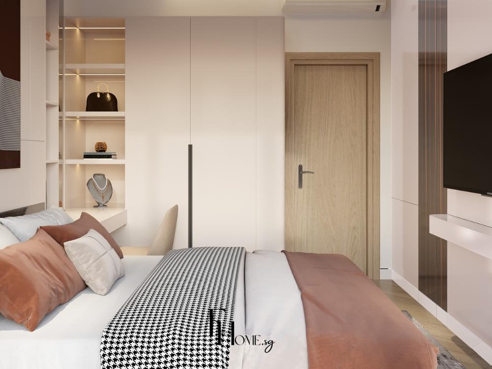 Phòng ngủ master nhà phố 4x16m nhìn từ góc giường, thể hiện lối bố trí thông minh với tủ âm tường và khu vực thư giãn