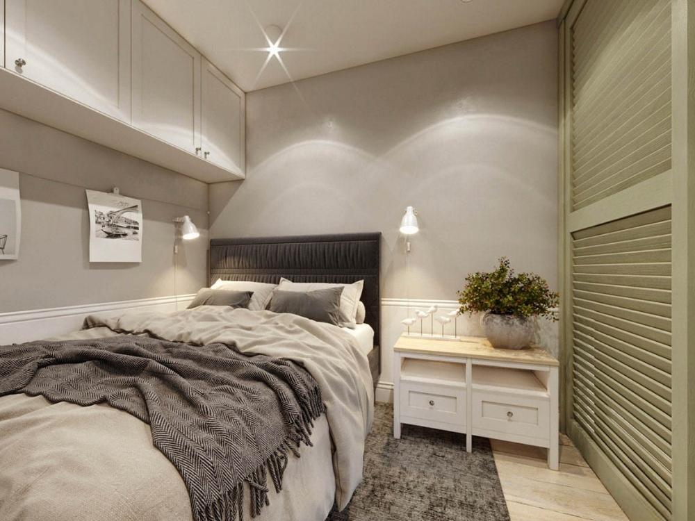 Phòng ngủ nhà ống 40m² tối giản, tận dụng tủ trần và nội thất đa năng, mang lại không gian nghỉ ngơi gọn gàng