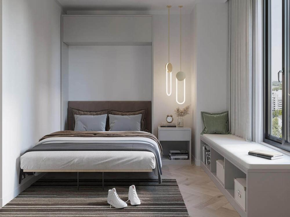 Phòng ngủ nhà phố 3 tầng với gam màu trung tính, cùng rèm cửa 2 lớp tạo nên không gian ngủ điều tiết ánh sáng hợp lý.