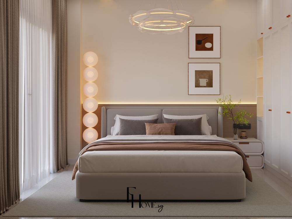 Phòng ngủ nhà phố 4 tầng, cửa sổ lớn lấy sáng, rèm hai lớp, giường gỗ sáng màu