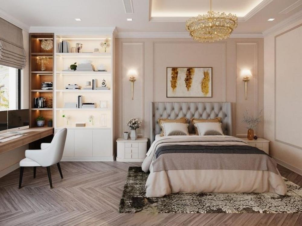 Phòng ngủ nhà phố 4 tầng diện tích 100–500m², thiết kế sang trọng, nội thất đồng nhất với tổng thể