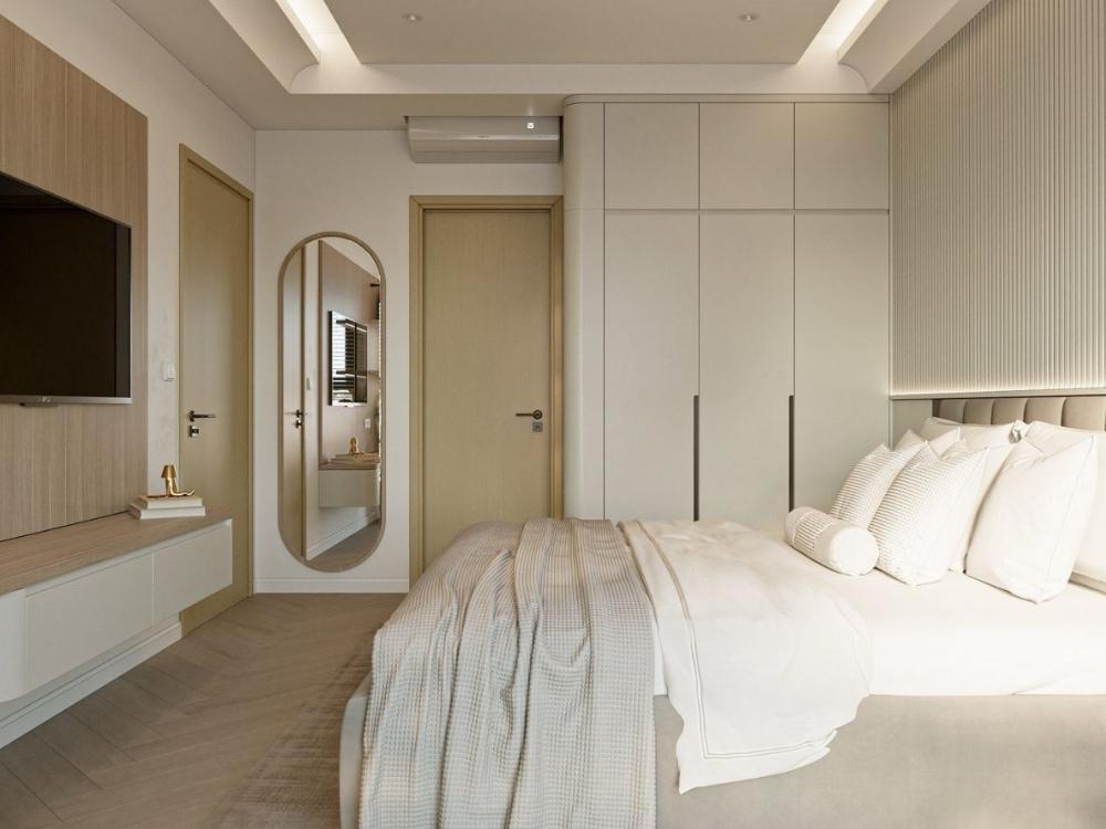 Phòng ngủ nhà phố 4 tầng phong cách Scandinavian, giường gỗ sáng, ga trắng