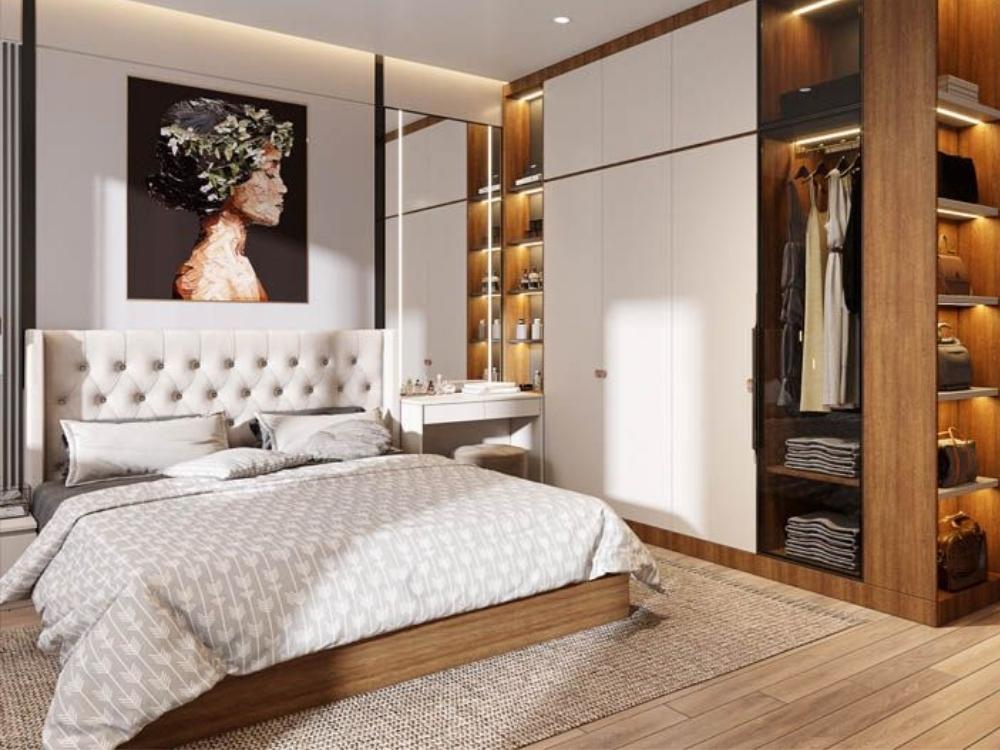 Phòng ngủ nhà phố 4 tầng phong cách Tân cổ điển, giường chạm khắc tinh tế, đầu giường bọc da