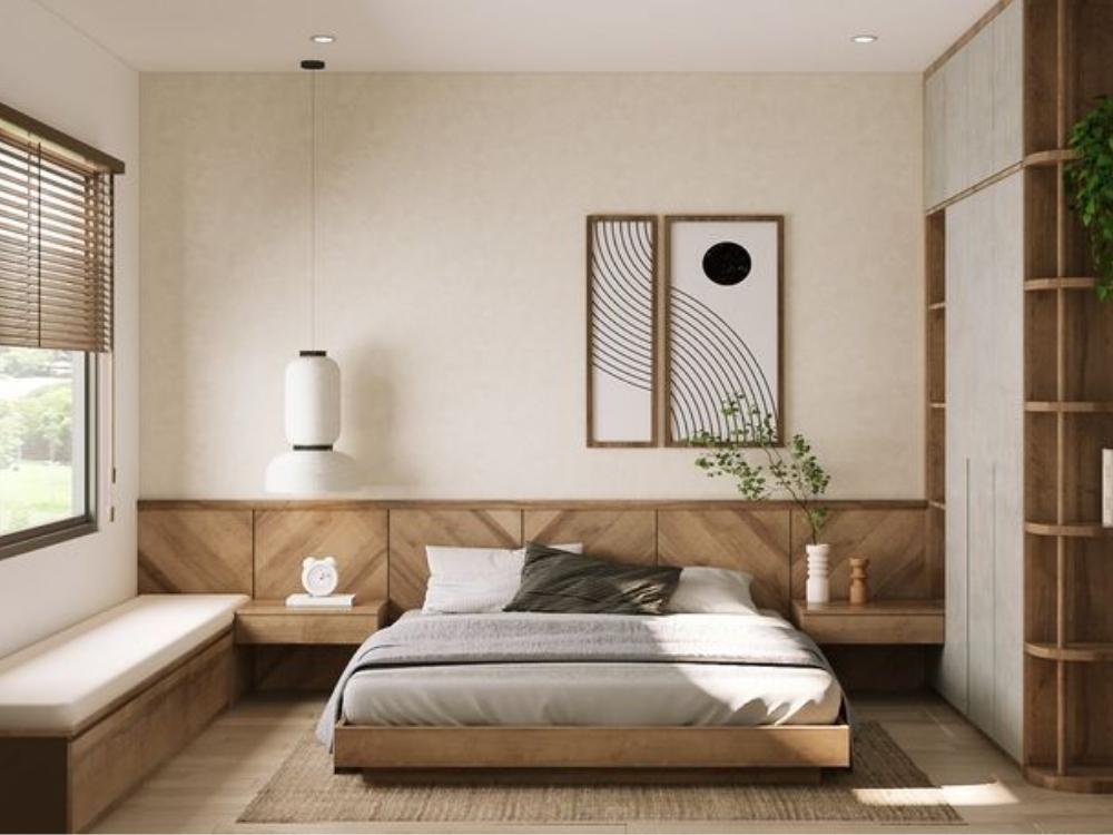 Phòng ngủ nhà phố 4 tầng phong cách Tối giản, giường thấp, chăn ga trắng, tường trơn