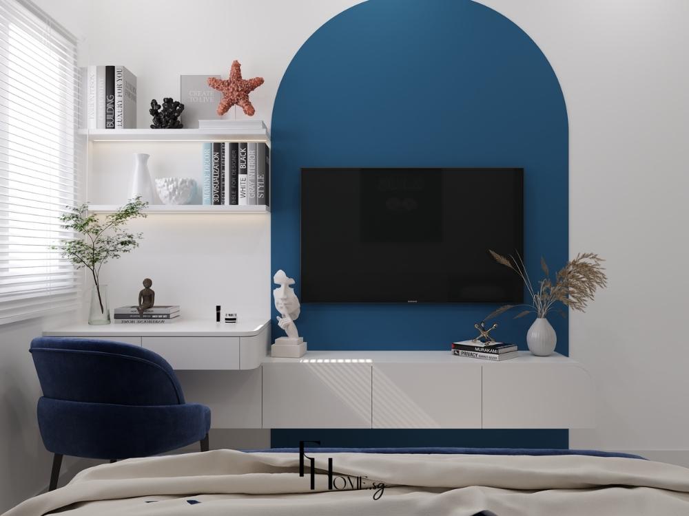 Phòng ngủ nhà phố 4 tầng, thiết kế với tủ quần áo âm tường, giường gỗ tối màu, bàn trang điểm nhỏ cạnh cửa sổ và rèm sáng màu nhẹ nhàng